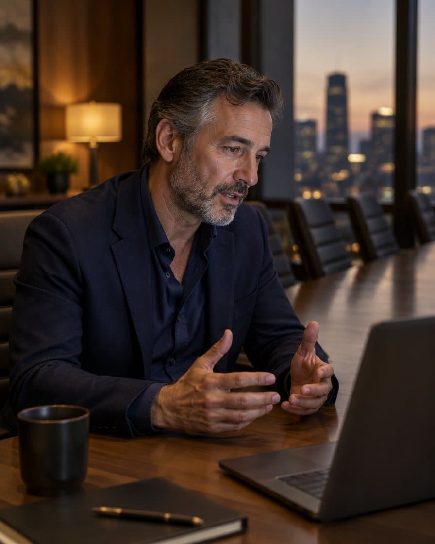 An executive on a confidential coaching call in a boardroom after hours