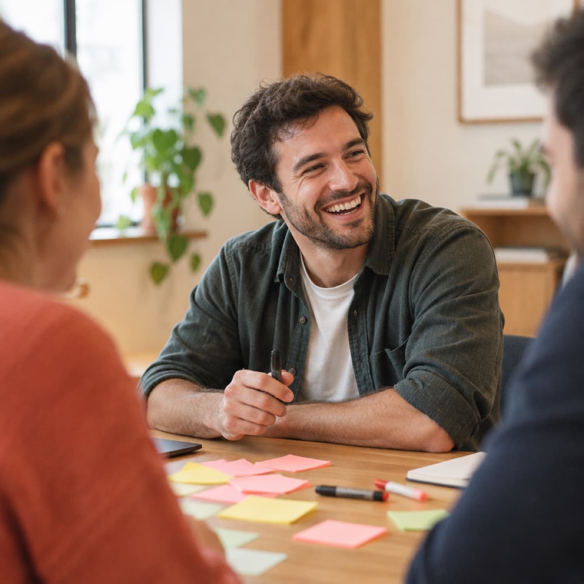 A leader in a working session with colleagues around a table