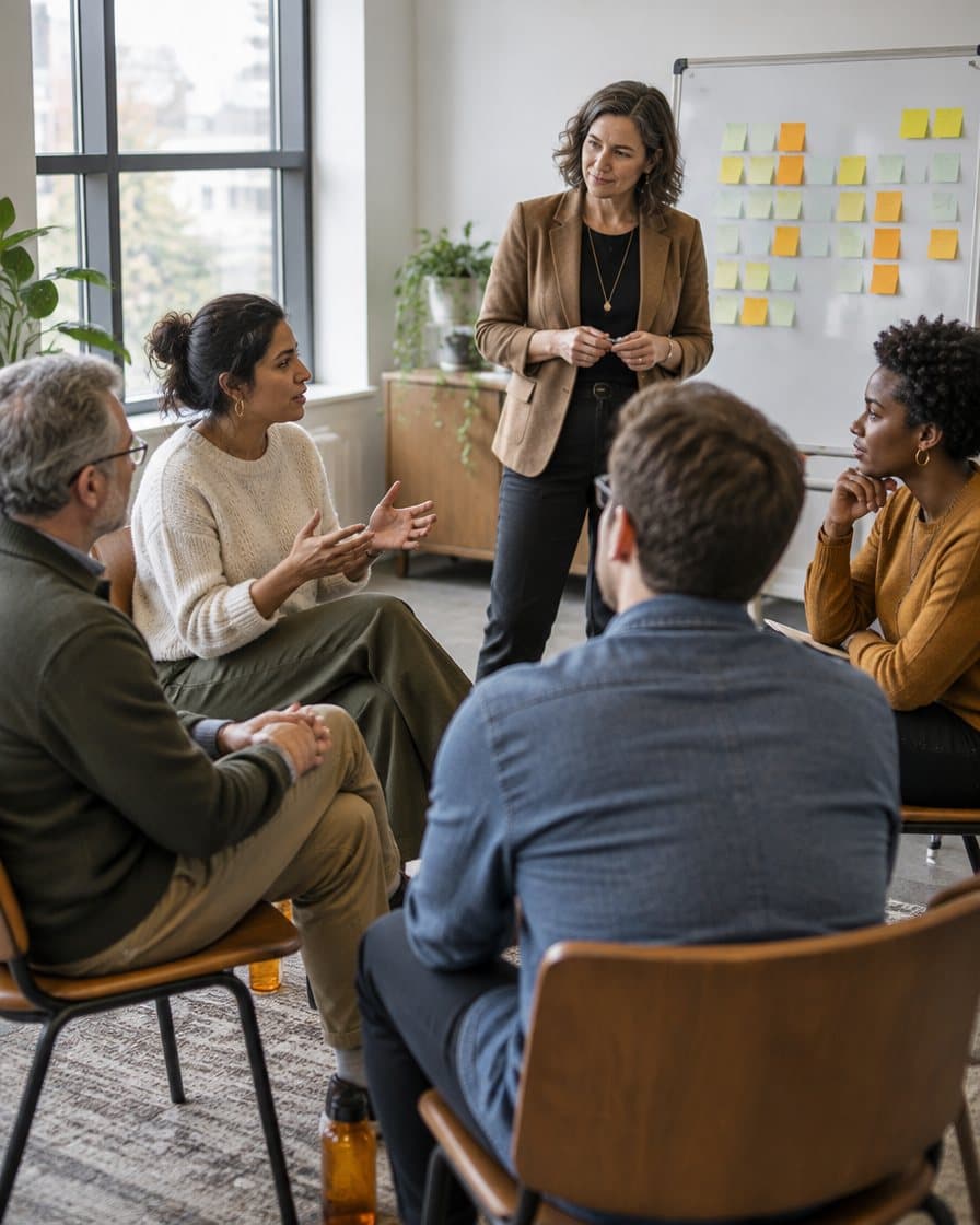 A facilitator leading a team coaching session with colleagues seated in a circle